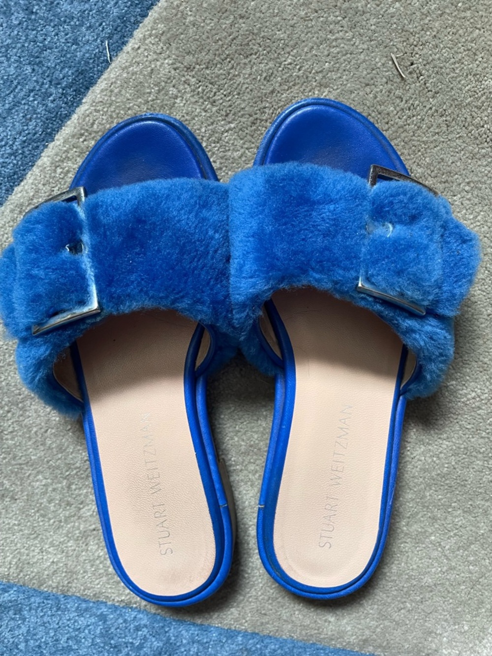 Stuart Weitzman Royal Blue Faux Fur Buckle Slide Sandals. Size 6 Made in Spain